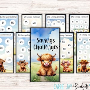 May include: A collection of savings challenge printables featuring watercolor illustrations of Highland cows. Each card has a different savings goal, with amounts ranging from $45 to $210. The cards are designed with a blue sky and grassy field background.