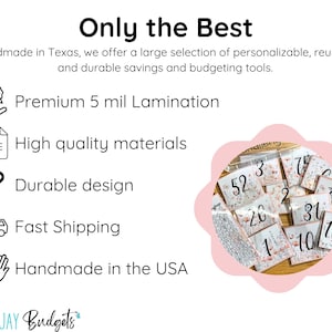 May include: A pink and white floral design with the text "Only the Best" and a list of features: Premium 5 mil Lamination, High quality materials, Durable design, Fast Shipping, Handmade in the USA. The image also shows a close-up of a set of cards with numbers on them.