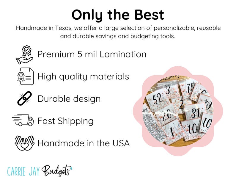 May include: A pink and white floral design with the text "Only the Best" and a list of features: Premium 5 mil Lamination, High quality materials, Durable design, Fast Shipping, Handmade in the USA. The image also shows a close-up of a set of cards with numbers on them.