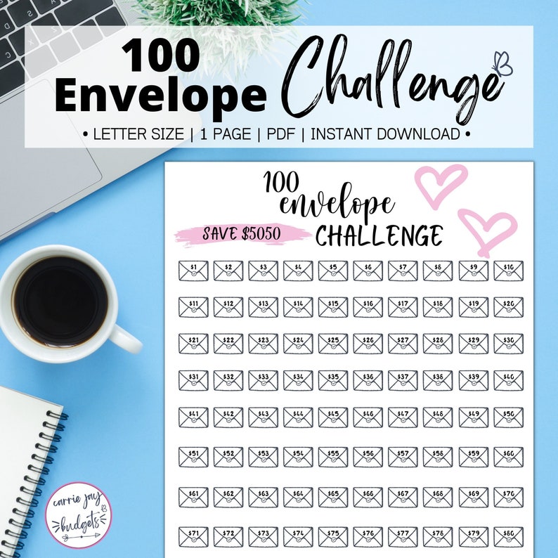 100 Envelope Challenge Tracker Printable Savings Goal Money Etsy 