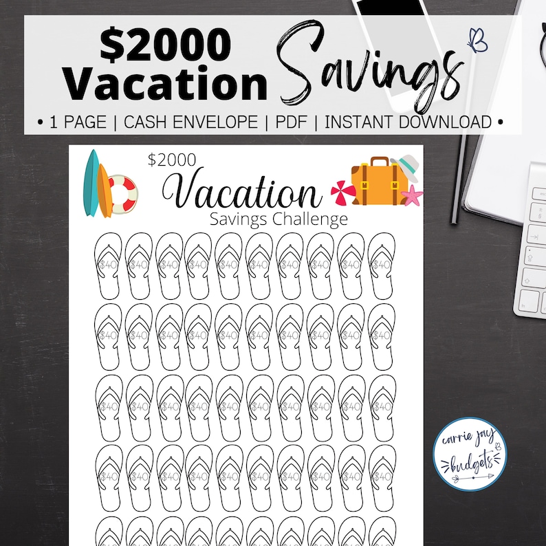May include: A printable vacation savings challenge tracker with a $2000 goal. The tracker features 50 flip-flop icons, each with a space to write in $40. The tracker is designed to help you save for a vacation.