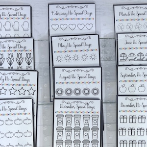 May include: A set of 12 printable cards for a no-spend challenge. Each card features a different month of the year and a corresponding icon. The icons include mittens, hearts, shamrocks, tulips, suns, beach umbrellas, stars, sunflowers, apples, pumpkins, coffee cups, and gift boxes.
