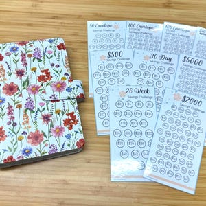 Floral Savings Challenge Starter Set with Lovely A6 Binder | Set of 9 Mini Savings Challenge Trackers | Savings Challenge Bundle