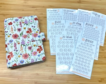 Floral Savings Challenge Starter Set with Lovely A6 Binder | Set of 9 Mini Savings Challenge Trackers | Savings Challenge Bundle