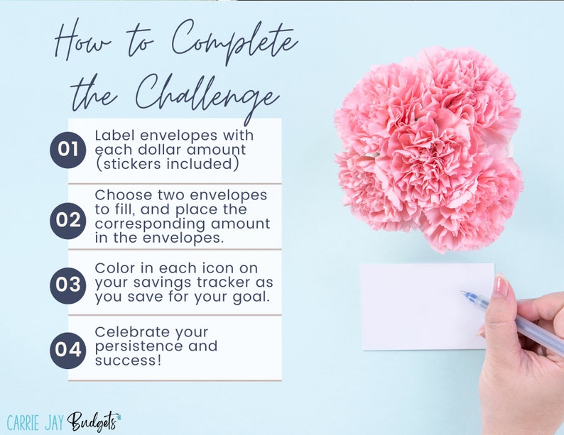 May include: A light blue background with four numbered steps on how to complete a challenge. The steps are: 1. Label envelopes with each dollar amount (stickers included). 2. Choose two envelopes to fill, and place the corresponding amount in the envelopes. 3. Color in each icon on your savings tracker as you save for your goal. 4. Celebrate your persistence and success!  The image also shows a bouquet of pink carnations and a hand writing on a white card.