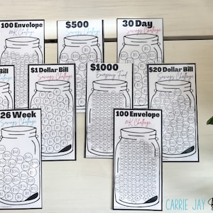 May include: A set of printable savings challenge charts featuring mason jars with dollar amounts written inside. The charts include challenges for saving $1, $5, $20, $100, $500, $1000, and a 26-week savings challenge.