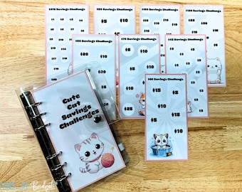Cat A6 Savings Challenge | Set of 8 Mini Savings Challenge Trackers Save 800 | Savings Bundle | Clear A6 Binder | Cash Budget Binder