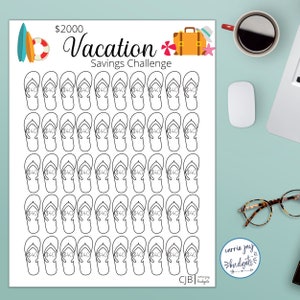May include: A printable vacation savings challenge tracker with a $2000 goal. The tracker features 50 flip-flop icons, each with a $40 savings goal. The image includes a suitcase, a flower, and a life preserver.