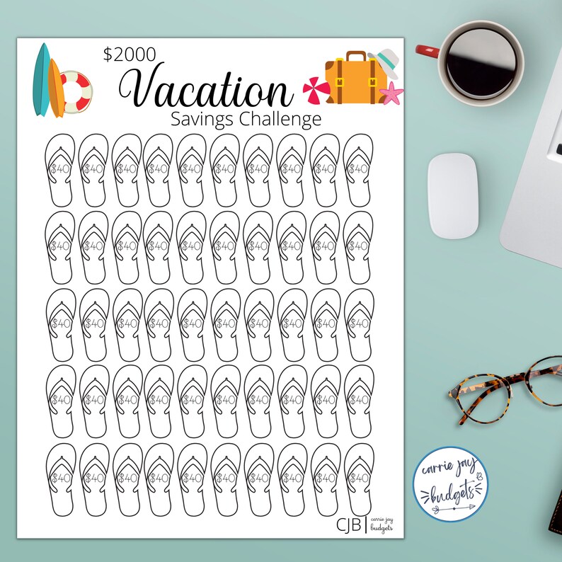May include: A printable vacation savings challenge tracker with a $2000 goal. The tracker features 50 flip-flop icons, each with a $40 savings goal. The image includes a suitcase, a flower, and a life preserver.