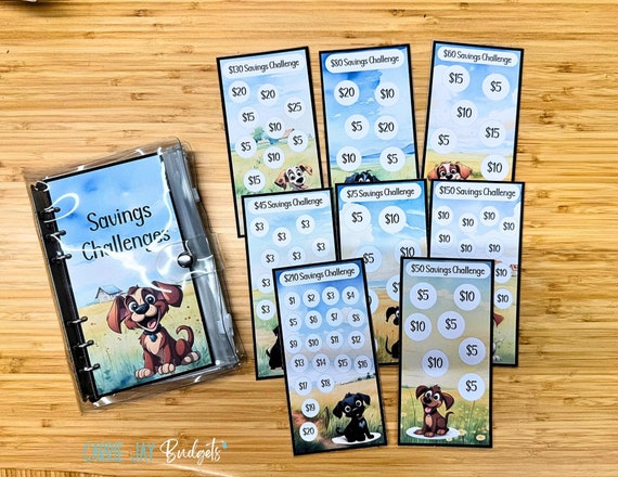 Low Income A6 Savings Challenge Dog Theme | Set of 8 Mini Savings Challenge Trackers | Challenge Bundle | Clear A6 Binder | Budget Binder