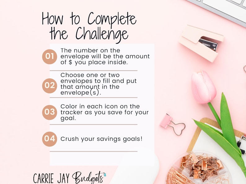 May include: A pink and white printable guide with four steps on how to complete a savings challenge. The steps are numbered 1 through 4 and include instructions like "Choose one or two envelopes to fill and put that amount in the envelope(s)." The guide also includes the text "CARRIE JAY Budgets".