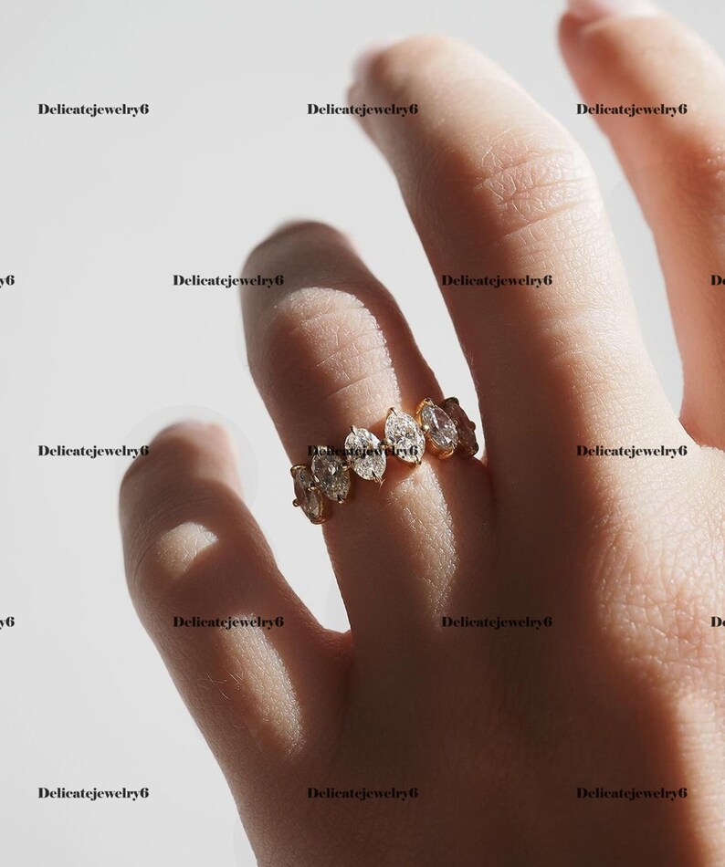 5x3 Mm Oval Moissanite Wedding Band, Six Stone Moissanite Ring Oval Cut