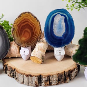 May include: Four agate slice night lights, each with a different colour and pattern. The slices are mounted on white plastic bases with a plug-in cord. The night lights are displayed on a wooden log slice.
