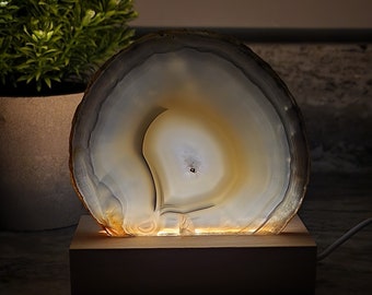 Natural Agate Lamp on Wood Base, Stone Nightlight, Boho Nightlight, Boho Decor, Mid-Century Decor, House Gift,  Minimalist, Christmas Gift