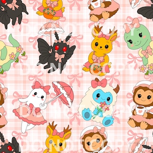 May include: A repeating pattern of cute cartoon creatures, including a moth, deer, yeti, and monkey, each adorned with bows and dresses. The background is a pink plaid with pink bows.