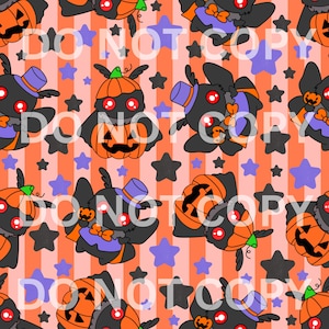 May include: A repeating pattern featuring cartoonish black creatures with red eyes, wearing pumpkin and top hat costumes. The background has orange and pink stripes, with black and purple stars.