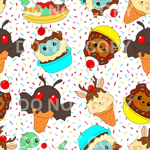 May include: A repeating pattern of cartoon ice cream cones, sundaes, and other desserts with animal faces. The desserts are decorated with cherries and sprinkles on a white background. The image has a playful and whimsical feel.