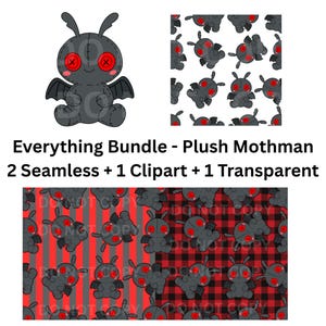 May include: An everything bundle featuring a plush Mothman design. The bundle includes a plush Mothman character, two seamless patterns, and a clipart image. The patterns include a repeating Mothman design on a white background and a red and black plaid pattern.