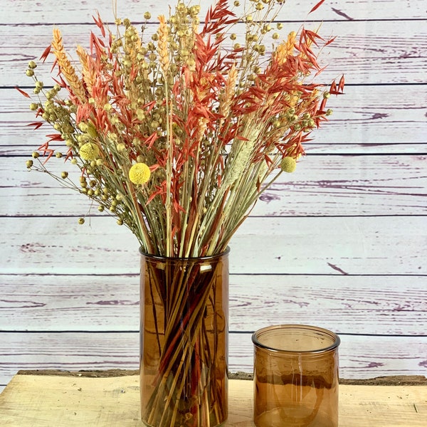Amber Cyclinder Glass Vase with optional Mixed Dried Flower Bouquet