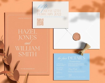 Orange & Blue Wedding Invitation Set with QR Code Canva Templates Instant Access PBWS01