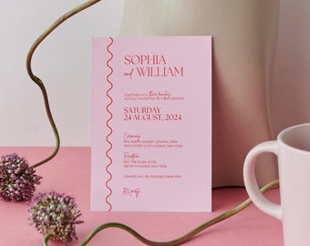 Wavy Pink & Red Modern Wedding Invitation 5x7"  - Canva Template