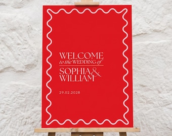 Wavy Pink & Red Modern Wedding Welcome Sign A1 + US Large Poster 24x36"  - Canva Template