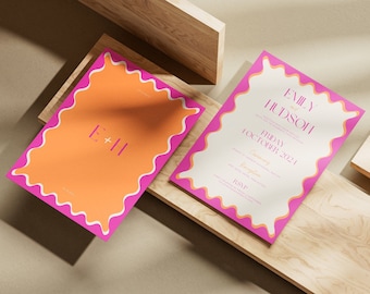 Pink & Orange Wavy Border Double Sided Wedding Invitation 5x7" - Canva Template
