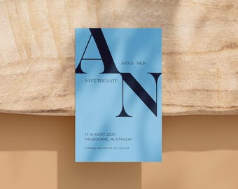 Blue Typographic Couple Initials Portrait Wedding Save the Date 5x7" - Canva Template