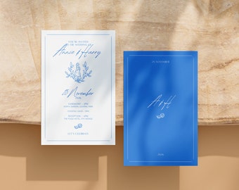 Vintage Blue Mediterranean Wedding Invitation Template Double Sided 5x7" - Canva Template