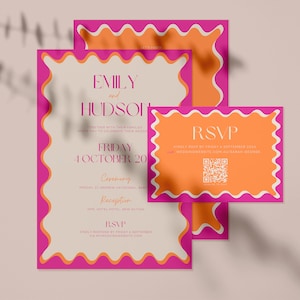 Plantilla de Canva rosa y naranja con código QR y borde curvo de doble cara con acceso instantáneo CWI02