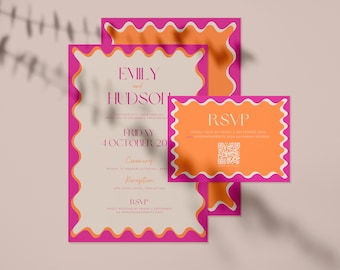 Pink & Orange Wavy Border Double-Sided Wedding Invitation Set with QR Code - Set of 3 Canva Templates