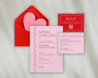 Wavy Pink & Red Wedding Invitation Set with RSVP QR Code - Set of 3 Canva Templates