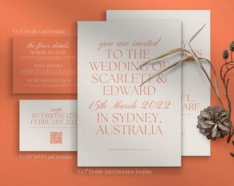 Minimal Orange Typographic Wedding Invitation Set with RSVP Card QR Code - Set of 3 Canva Templates