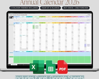 Yearly Dynamic Calendar 2026 Planner Monthly Event Tracker – Excel Google Sheets Year at a Glance Digital Spreadsheet