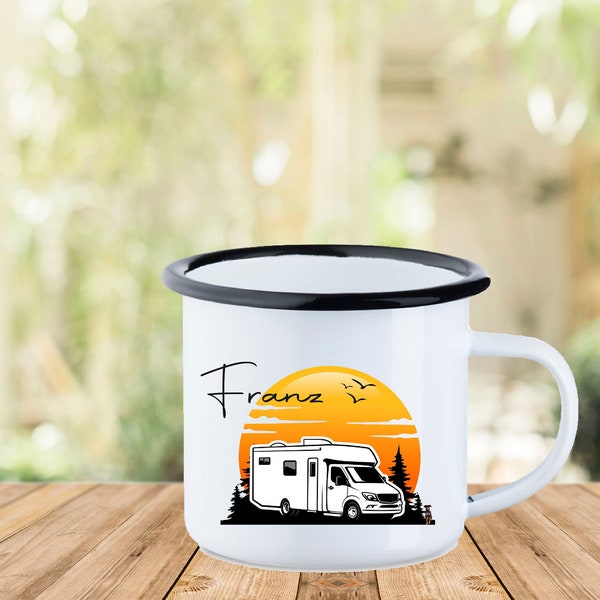 Camping Emaille-Tasse "Wohnmobil" mit Namen personalisiert auch für Wohnwagen, Campervan, Camper uvm