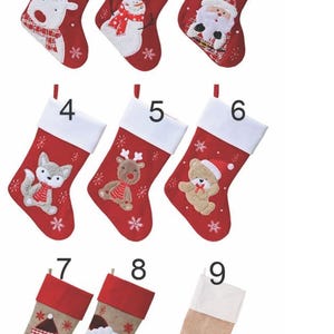 May include: A selection of Christmas stockings in red with white cuffs. Designs include a reindeer, snowman, Santa Claus, fox, reindeer, teddy bear, snowman, Santa Claus, and a plain stocking. The word "Variante" is at the top.