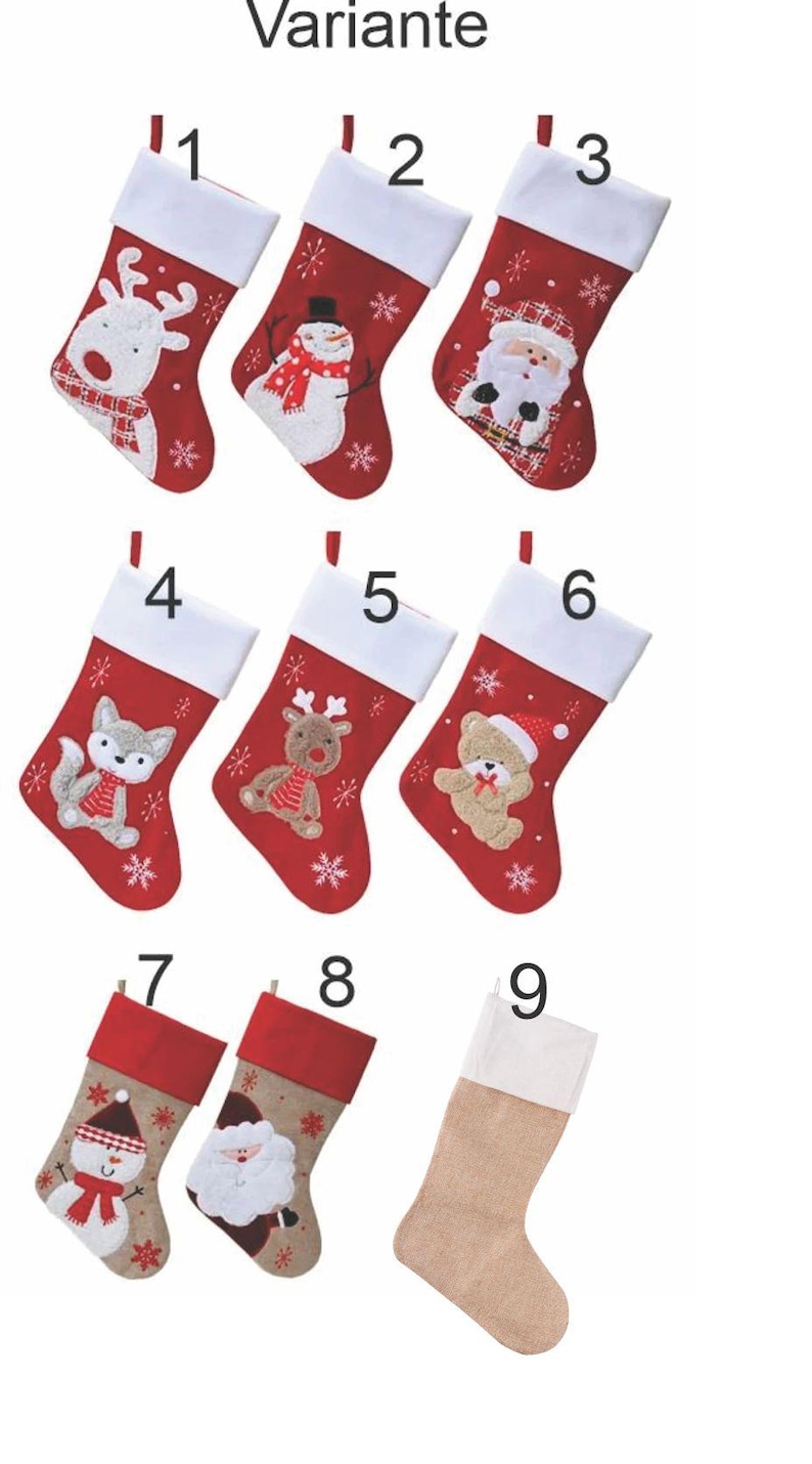 May include: A selection of Christmas stockings in red with white cuffs. Designs include a reindeer, snowman, Santa Claus, fox, reindeer, teddy bear, snowman, Santa Claus, and a plain stocking. The word "Variante" is at the top.