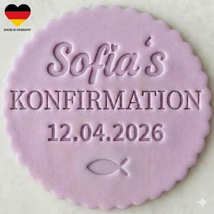 Sello de fondant de confirmación personalizado | Nombre y fecha | Sello redondo de galleta para confirmación | Sello de fondant para galletas y pasteles