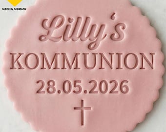 Personalisierter Kommunion Fondantstempel | Name & Datum | Runder Keksstempel zur Erstkommunion | Fondant Prägstempel für Kekse und Torten