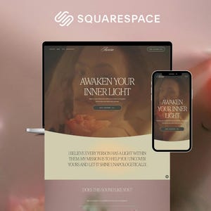 May include: A laptop and smartphone showcase a website with the words "Awaken Your Inner Light." The site features a warm colour scheme and floral elements. The Squarespace logo is in the top left. The background is a soft, blurred pink.