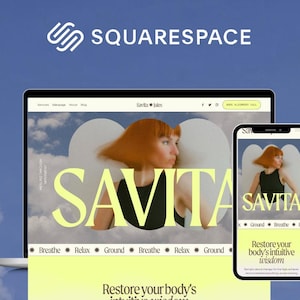 Può includere: Un computer portatile e uno smartphone mostrano un sito web intitolato SAVITA con il testo Restore your body's intuitive wisdom e You're not broken. Your nervous system is overwhelmed. Gli schermi presentano fotografie e tavolozze di colori tenui.