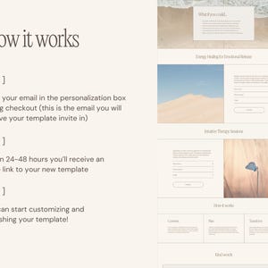 May include: A webpage design with a beige background and text that reads "How it works." The page includes sections with images and text, including "Enter your email in the personalization box during checkout." The design has a minimalist aesthetic.