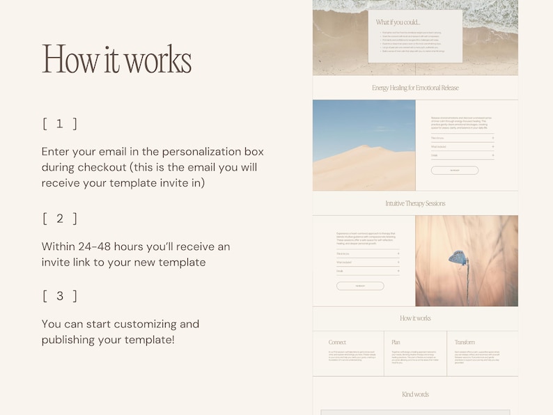 May include: A webpage design with a beige background and text that reads "How it works." The page includes sections with images and text, including "Enter your email in the personalization box during checkout." The design has a minimalist aesthetic.