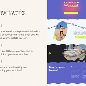 May include: A website design in purple and beige. The text "How it works" is at the top left. The text "You deserve to feel your best" is at the top right. The page includes steps for receiving a template invite and customising it.