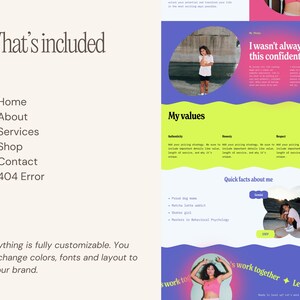 May include: A website design layout with a light beige background. The design includes sections titled "What's included" and "My values." The text "I wasn't always this confident" is featured. The design incorporates images and customizable elements.