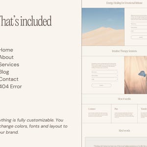 May include: A website design mockup with a light beige background. The text "What's included" is at the top left, followed by a list of website sections. The right side features sections on energy healing and intuitive therapy, with images and form fields. The text "Everything is fully customizable" is also included.