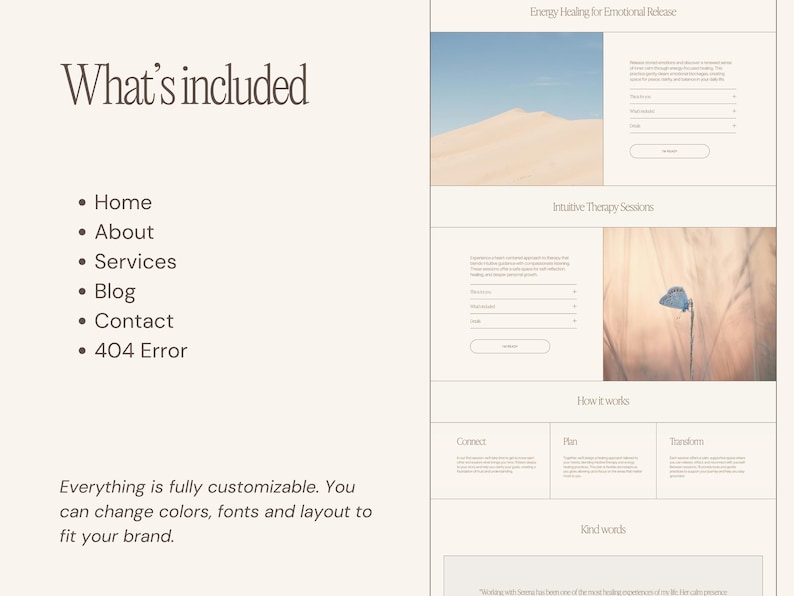 May include: A website design mockup with a light beige background. The text "What's included" is at the top left, followed by a list of website sections. The right side features sections on energy healing and intuitive therapy, with images and form fields. The text "Everything is fully customizable" is also included.