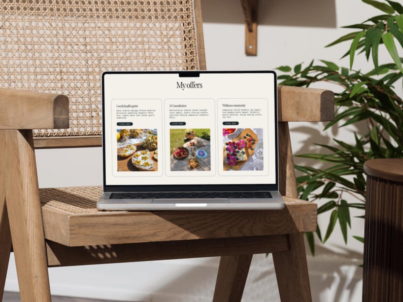 May include: A silver laptop displaying a webpage titled "My offers" sits on a light wood chair. The screen shows three sections with images and text. The chair has a woven back and is next to a plant.