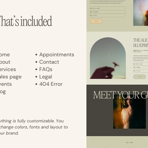May include: A website design layout with a neutral color palette. The design includes sections titled "What's included", "The Alignment Blueprint", and "Meet Your Guide". The text states the design is fully customizable.