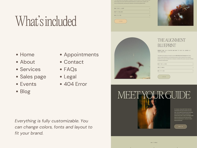May include: A website design layout with a neutral color palette. The design includes sections titled "What's included", "The Alignment Blueprint", and "Meet Your Guide". The text states the design is fully customizable.